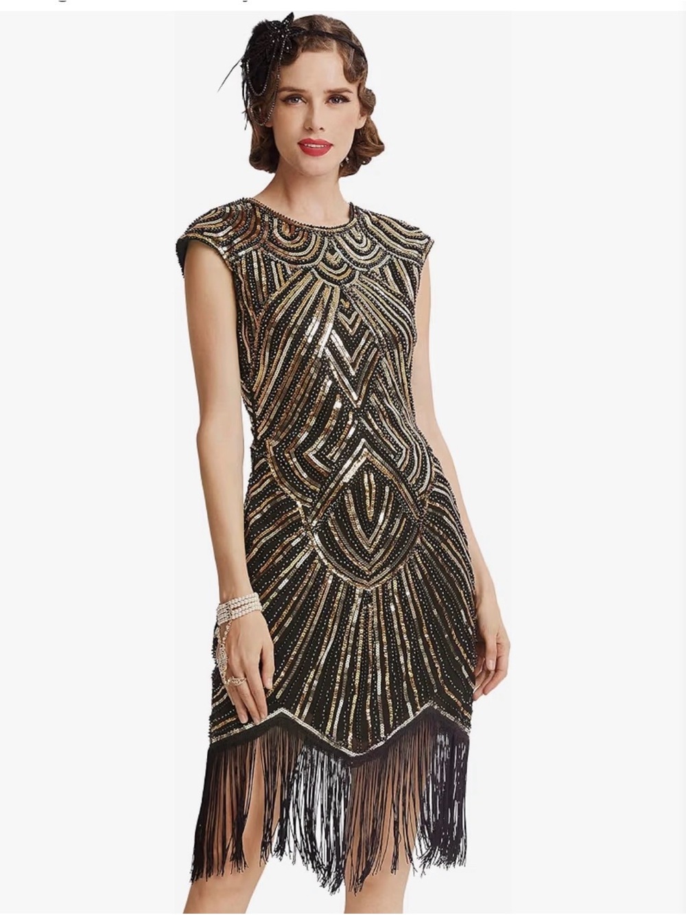 Babeyond Black & Gold Beaded Fringed Flapper Dress